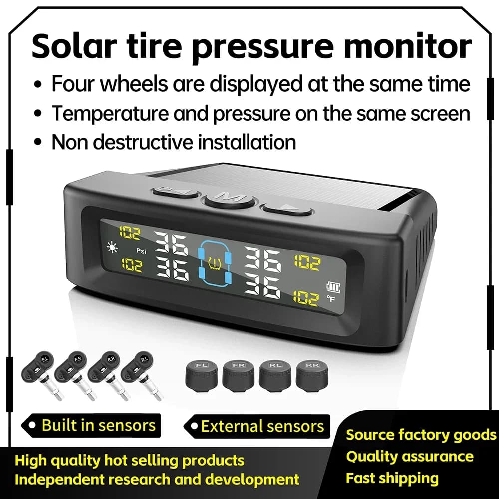 Sistema di monitoraggio pressione pneumatici, allarme di sicurezza per auto, wireless, alimentato a energia solare/USB, 4/6 sensori, display digitale a colori per roulotte e camion