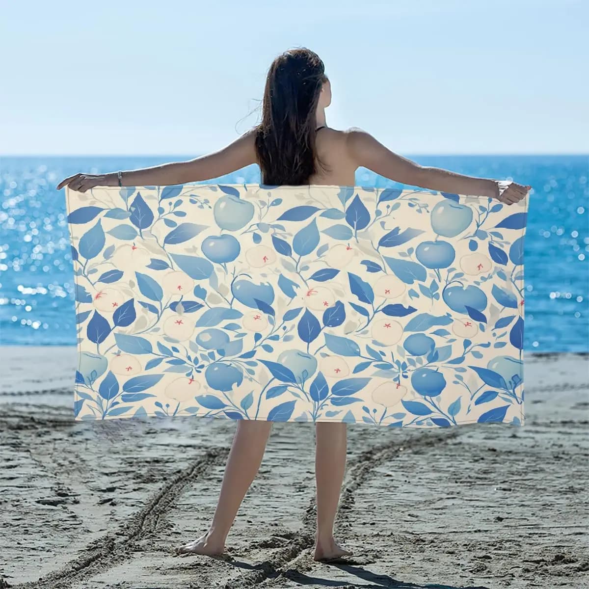 Telo Mare Blu con Foglie e Frutta, in Microfibra, Extra Large, Anti-Sabbia, Asciugatura Rapida, Leggero, per Piscina, Palestra, Nuoto e Viaggi