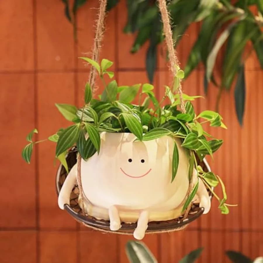Vaso pensile a forma di sedia a dondolo con faccina sorridente per piante da interno ed esterno, simpatici vasi a testa per piante grasse e sansevieria