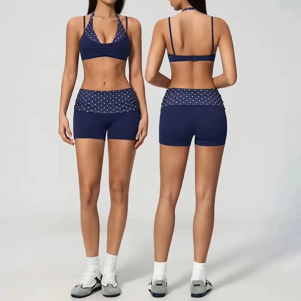Women 2Pcs Yoga Set Halter Neck Sports Bra Fold Over Waist Polka Dot Striped Biker Shorts Gym Outfit Workout Suit Running Shorts