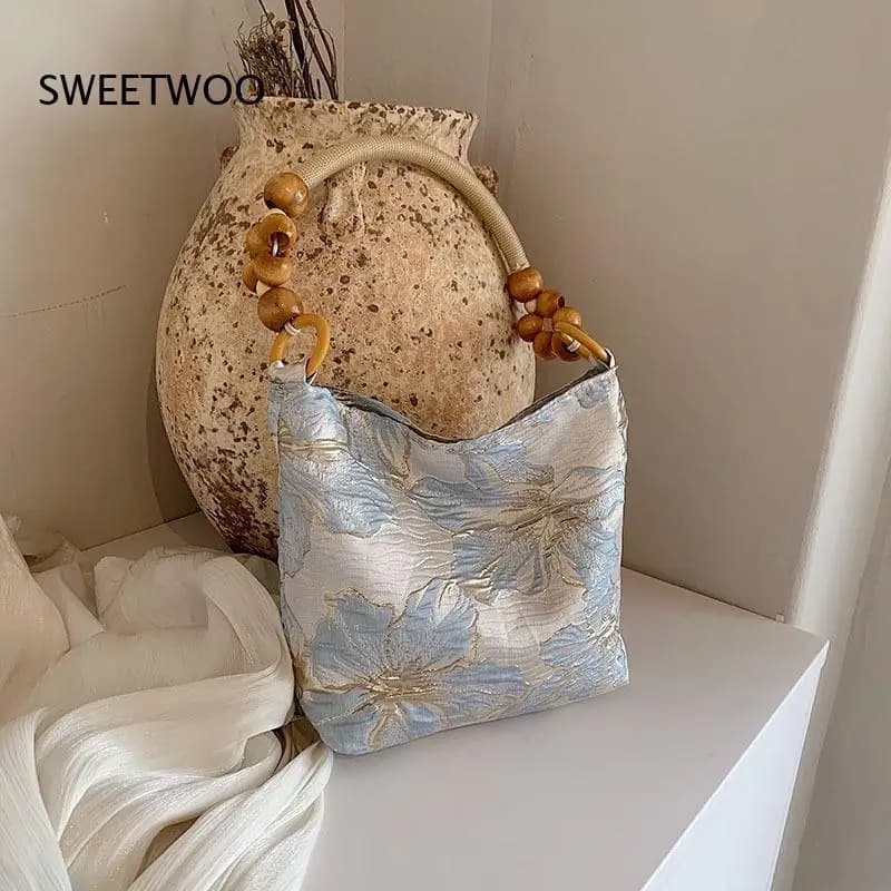Retro Style Silk Handbag with Butterfly Print and Wooden Bead Handle Lightweight Single Shoulder Bag