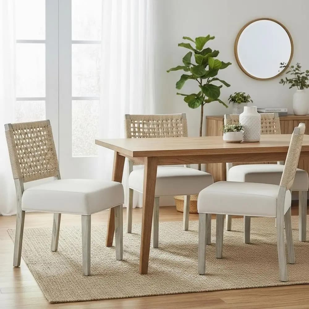 Set di 2 sedie da pranzo con schienale intrecciato a mano, seduta imbottita, gambe in legno, comode per cucina o sala da pranzo, colore avorio