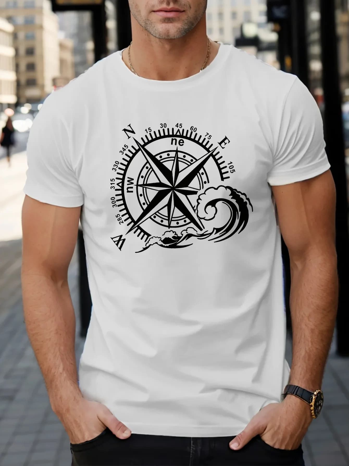 T-shirt da uomo con grafica bussola, casual, a maniche corte, in poliestere traspirante, alla moda estiva, perfetta per l'abbigliamento casual