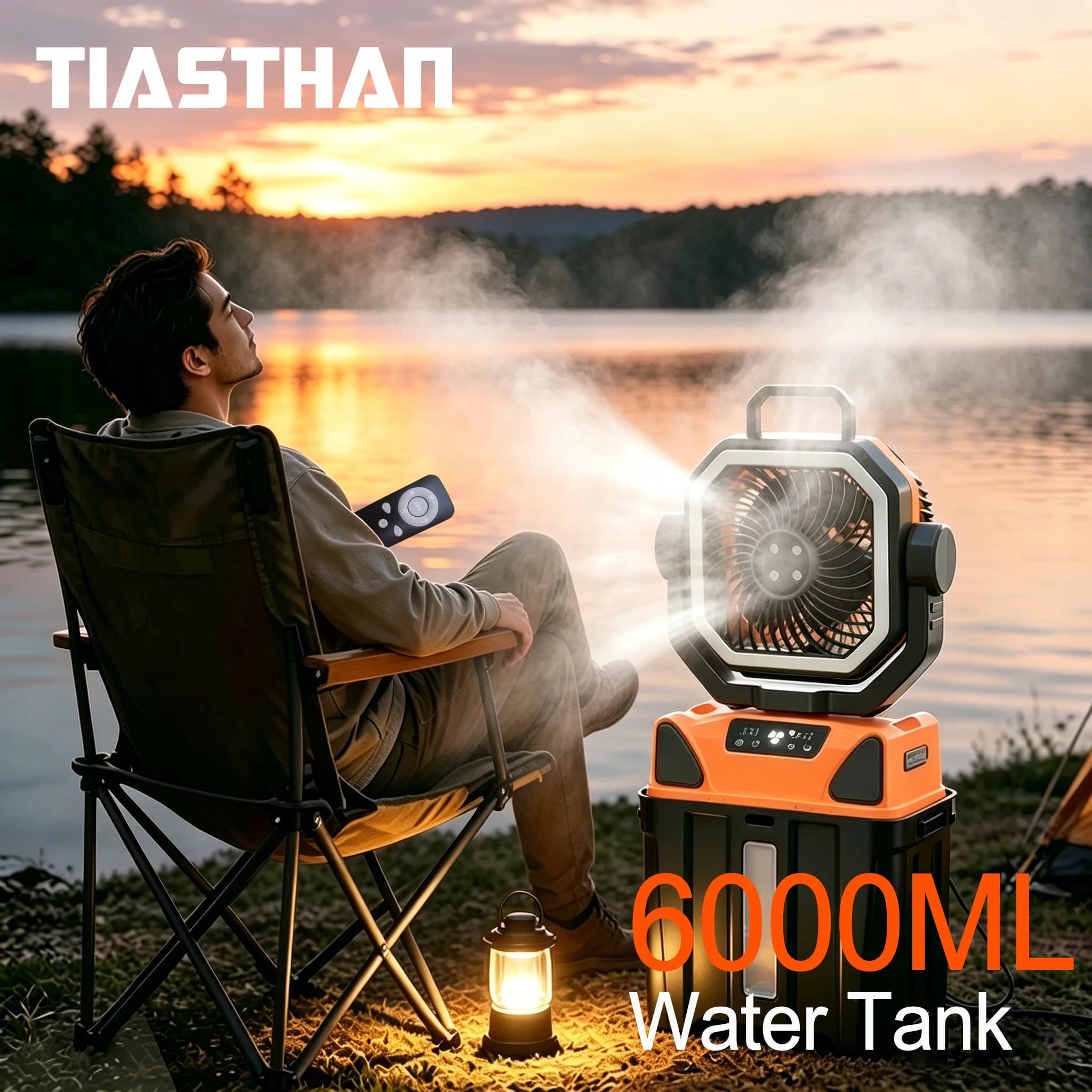 Ventilatore da campeggio portatile con serbatoio d'acqua da 6 litri, 30000mAh, con telecomando, illuminazione e 4 velocità, ideale per la pesca.