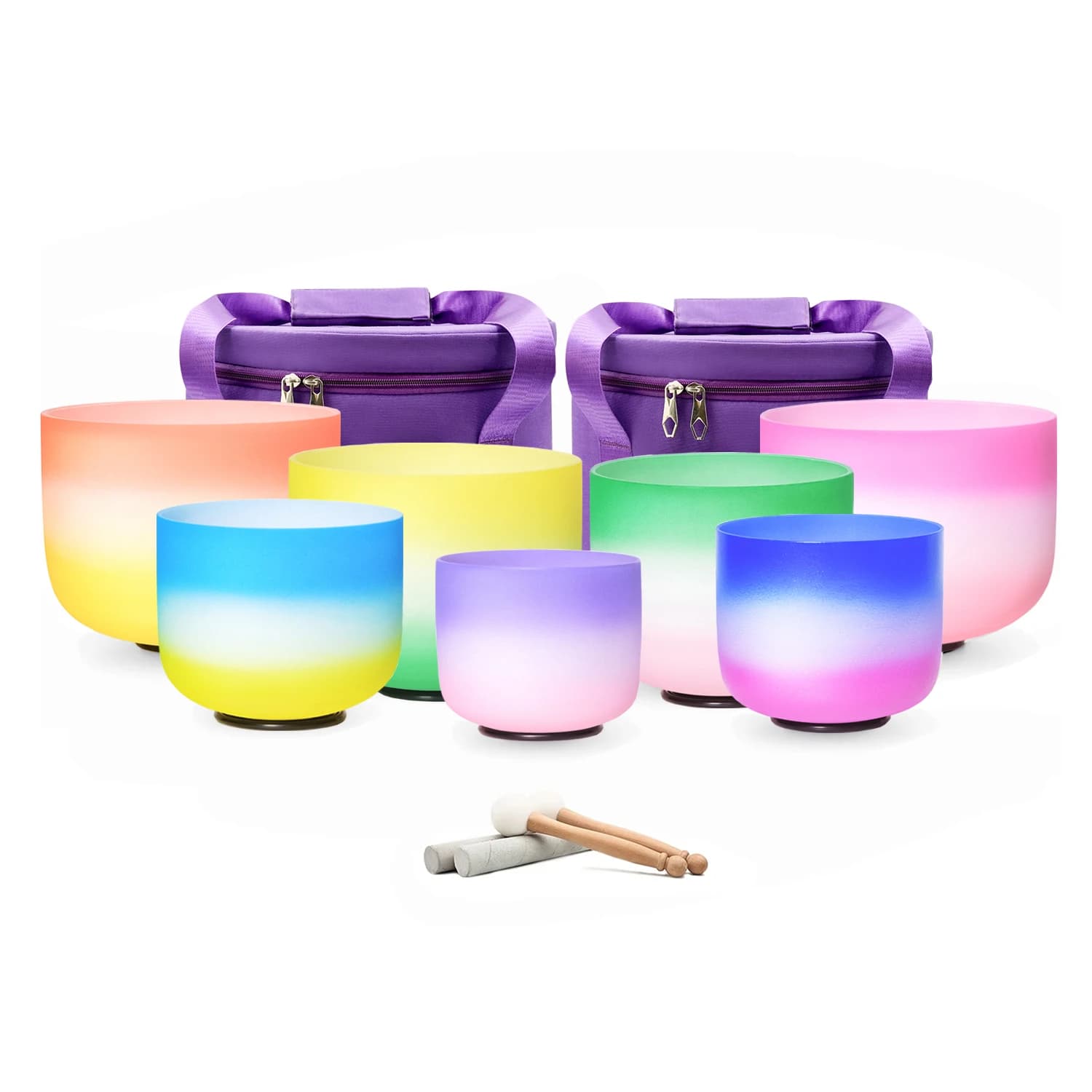 Hye-eun Rainbow Perfect Pitch 8-14 inch Larg Size Frosted Quartz Chakra Crystal Singing Bowl Set of 7pcs with Carry Bags