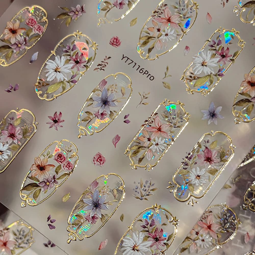 Golden Edge Spring Flowers 5D Embossed Self-Adhesive Retro Palace Bohemian Floral Nail Stickers for Stunning Nail Art