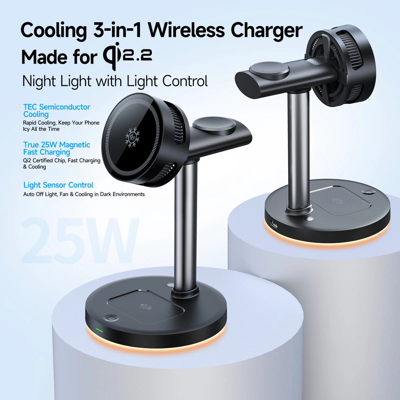 Qi2.2 25W 3 in 1 LED Light Air Cooling Magnetic Wireless Charger For Phone Watch Earbud Fast Charging with Heat-dissipating Base