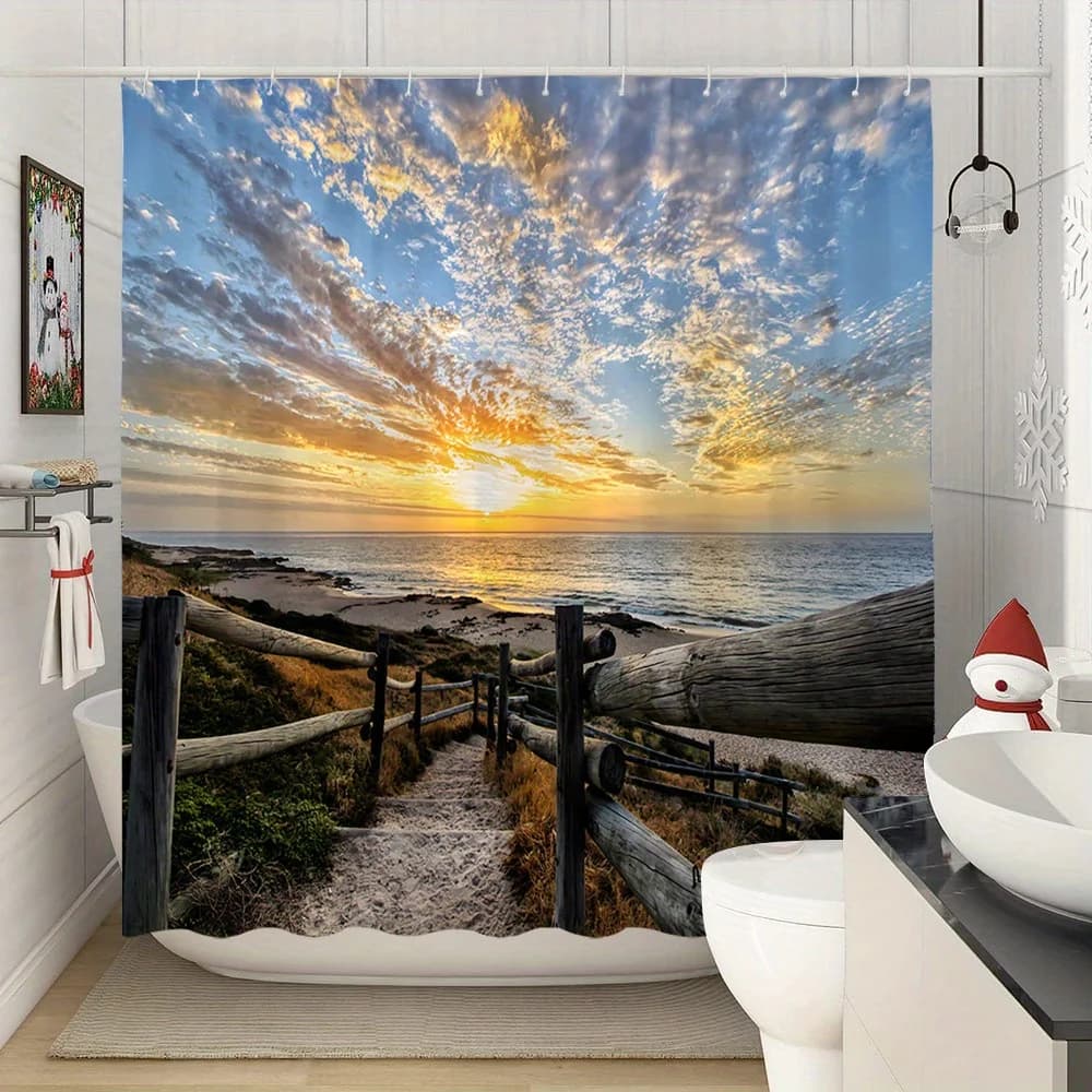 Tenda da doccia impermeabile al tramonto sulla spiaggia con recinzione in legno per l'arredamento del bagno, design artistico vibrante, stile unico, moda moderna