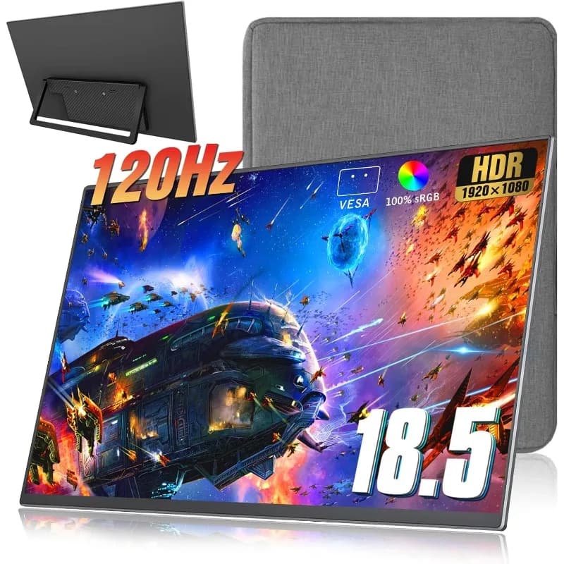 Monitor portatile da 18,5 pollici + custodia 120Hz 1080P, 100% sRGB FHD HDR USB HDMI con monitor da ufficio portatile ultra sottile VESA, f