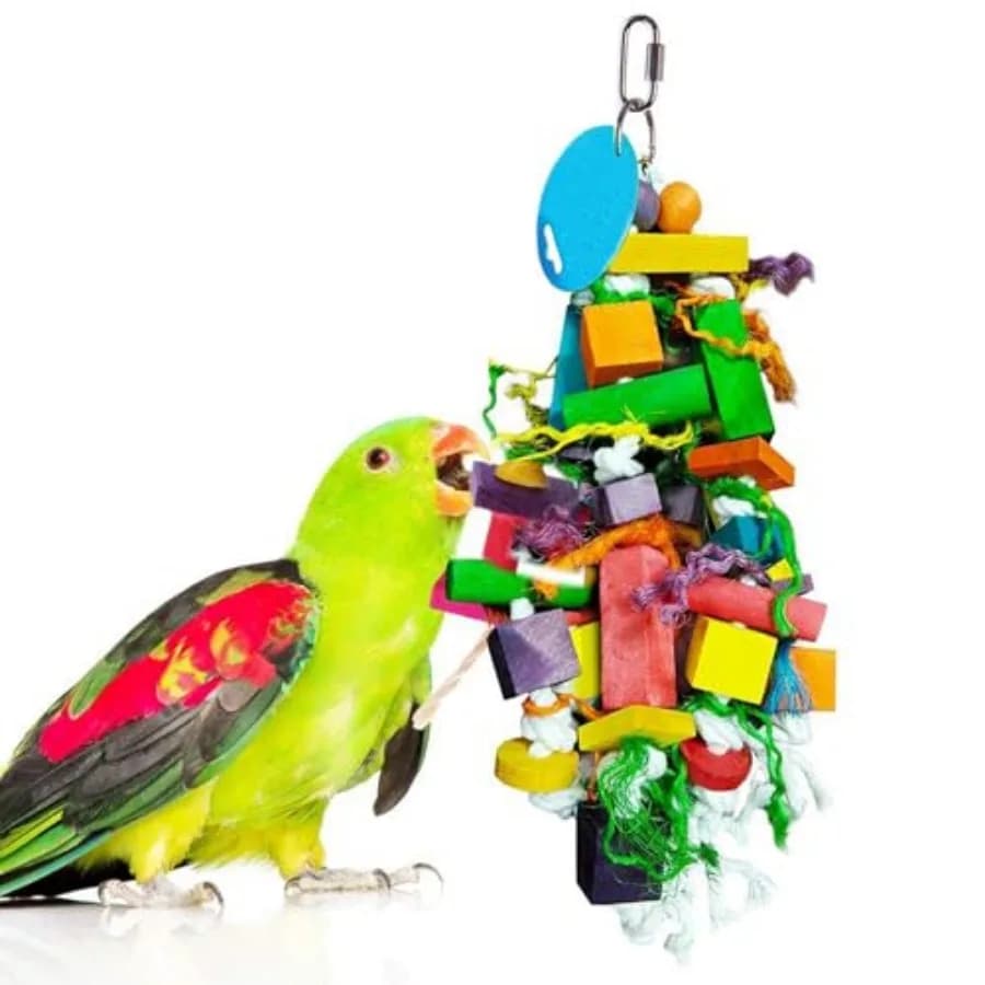 Giocattolo per Pappagalli, Accessorio da Gabbia con Blocchi di Legno e Corda di Cotone per Foraggiamento e Masticazione, per Conure, Pappagallini e Parrocchetti