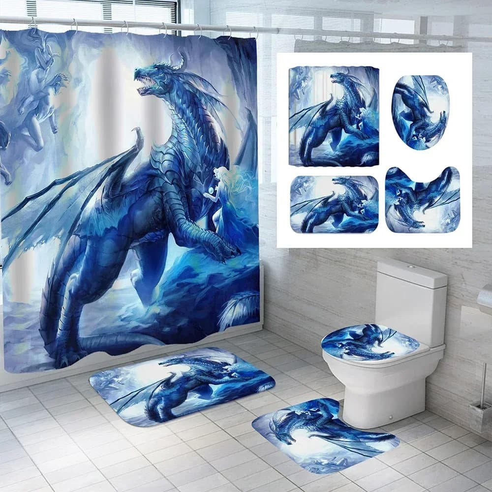 Set di tende da doccia impermeabili stampate con drago volante Tappetino per WC Tappeti da bagno antiscivolo Bagno