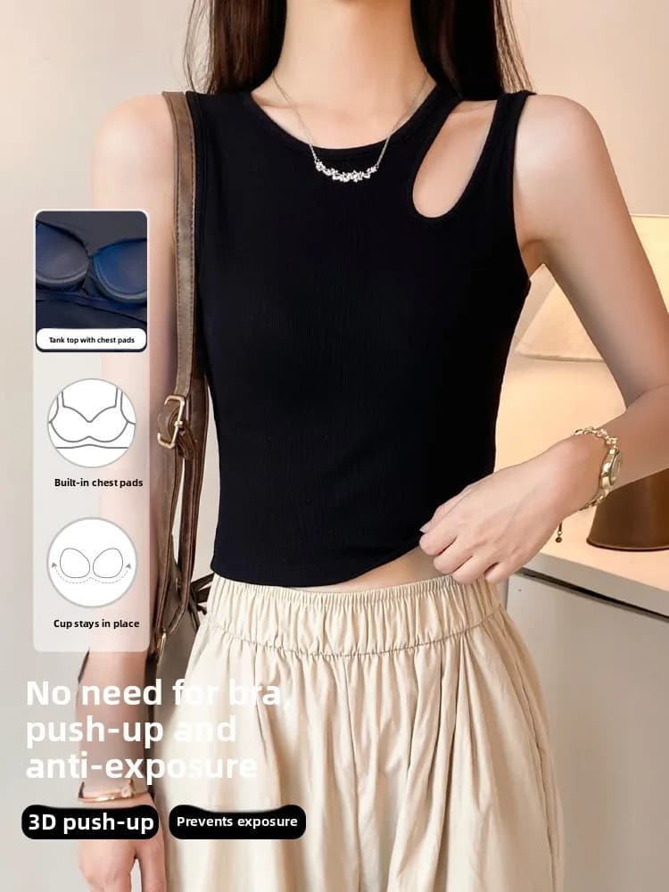 Top Nero Scavato con Spalline da Donna, Intimo Integrato con Reggiseno, Sottoveste Corta Senza Maniche con Schiena Bella, per Primavera Estate