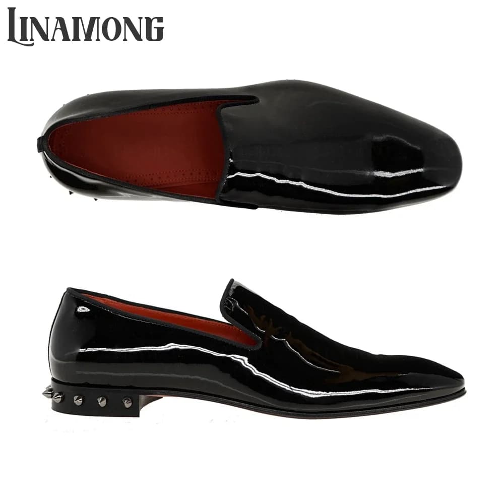 Mocassini Neri in Pelle Verniciata con Rivetti, Scarpe Eleganti Slip-On Oxford con Punta a Mandorla, Stile Classico, Scarpe da Cerimonia in Pelle da Uomo