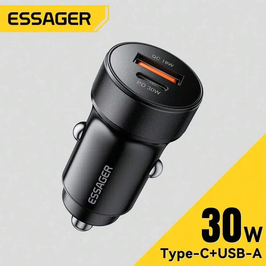 Caricabatterie auto a doppia porta da 30W: USB-C (PD 30W) + USB-A (QC 18W), ingresso 12-24V, adattatore compatto per ricarica rapida per telefoni