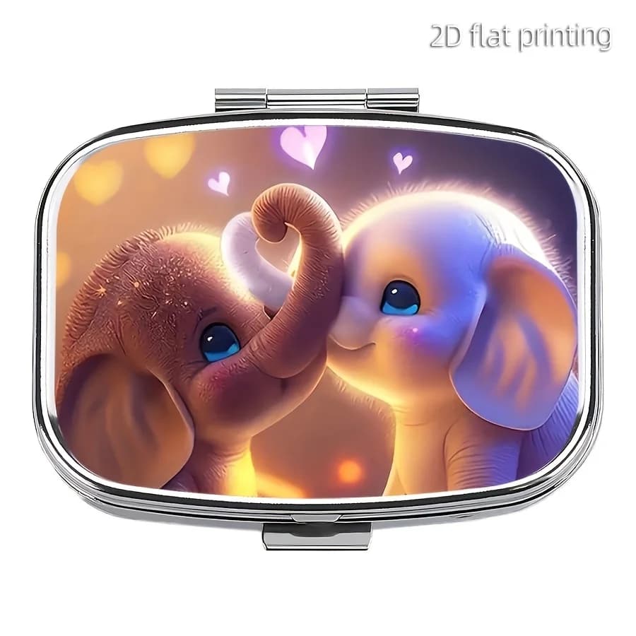 1 Heart-Shaped Elephant Pill Box, 2-Compartment Medication Pill Box, Portable Compartmentalized Pill Box, Portable Pill Box, or Wallet Pill Box, Decorative Metal Medicine and Vitamin Organizer, Unique Gift for Wallet Travel