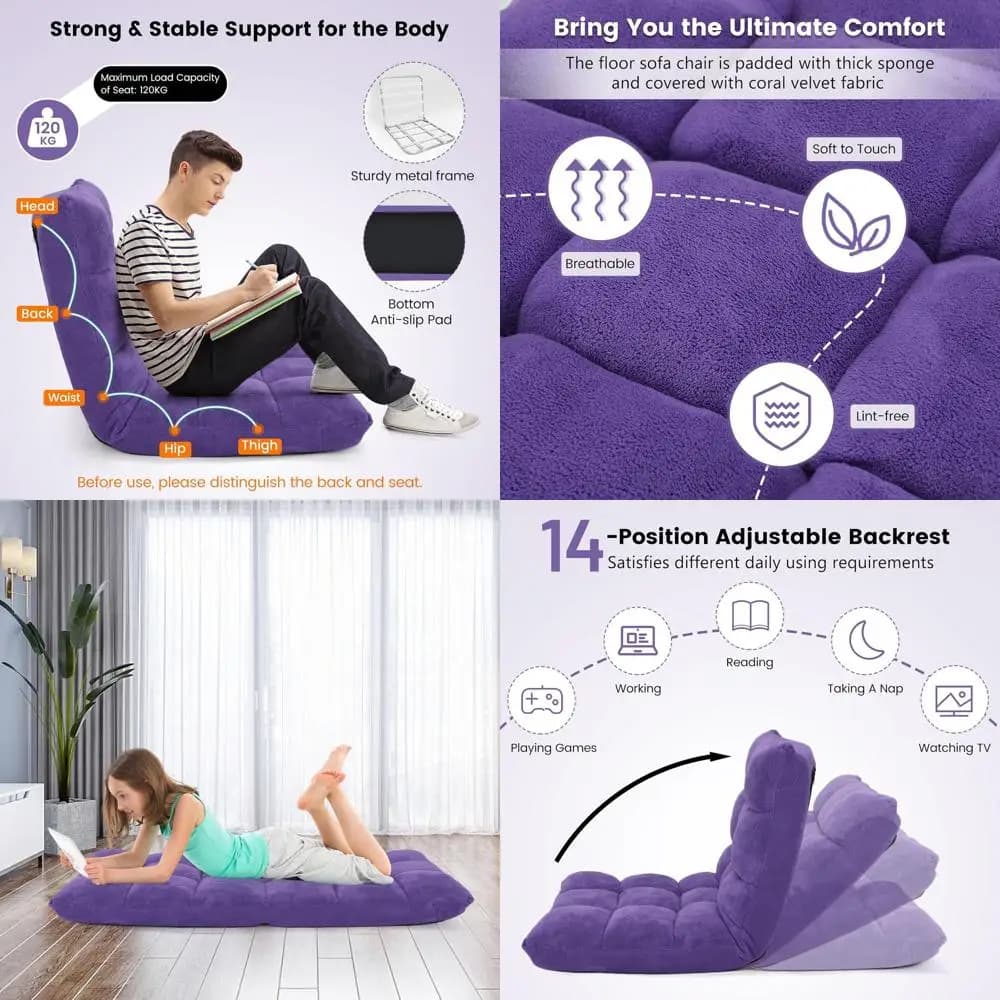 Sedia da Gaming Regolabile con Supporto Lombare, Divano Imbottito Reclinabile per Meditazione o Relax (Viola, Grande)