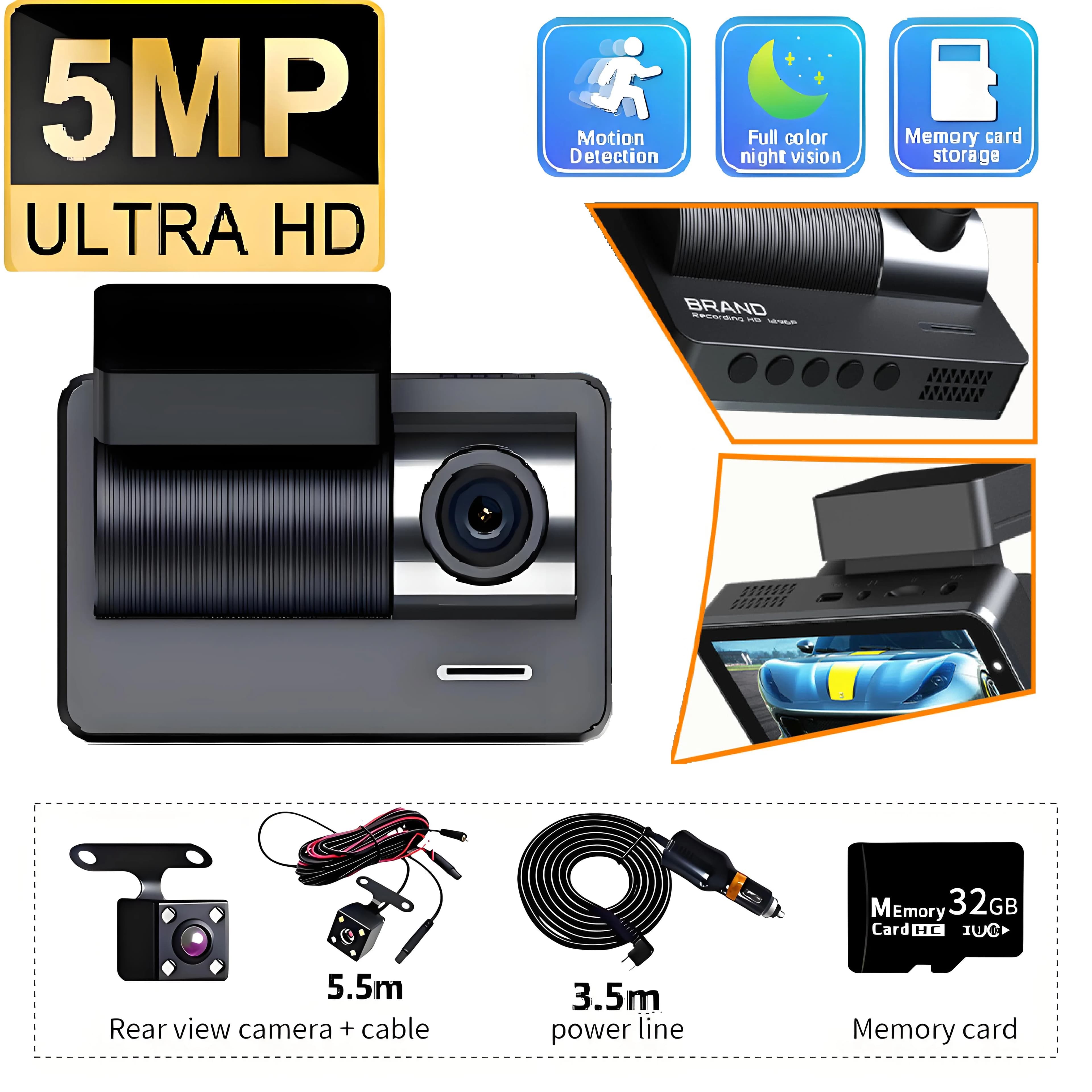 Dash Cam Registratore per visione notturna da 5 MP Registrazione video in loop Schermo IPS HD 2 Telecamera DVR Registratore DVR per veicoli Monitor per veicoli