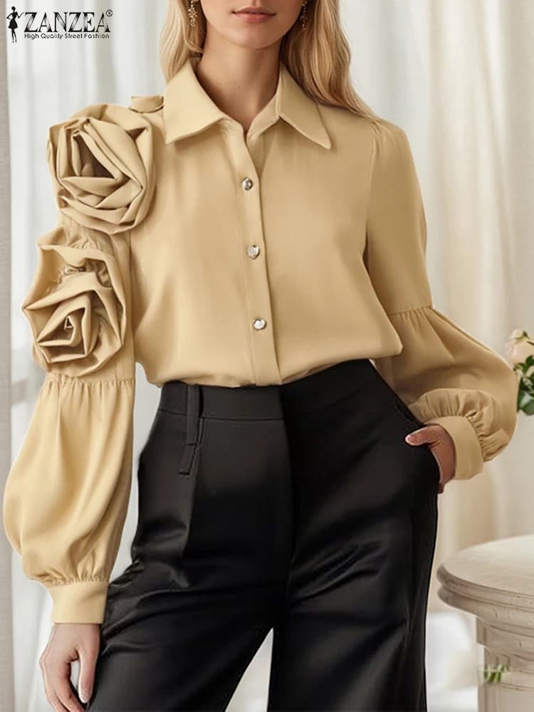 ZANZEA Camicie eleganti Donna Camicetta lunga Seeve 2025 Summer Decor Fiori Top Moda OL Tunica da lavoro Solid Casual Blusas allentati