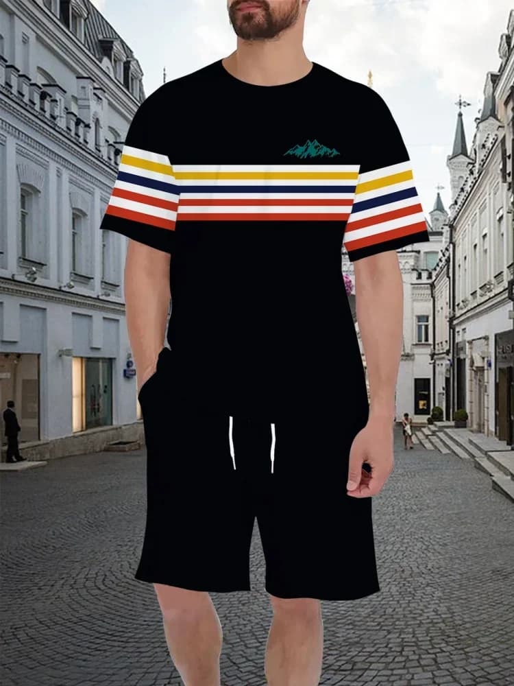 Stripe 3D Print T-Shirt Men's Sets Casual Breath O-Neck Short Sleeve Tee Outdoor Activities Summer Oversized Street Man Clothes