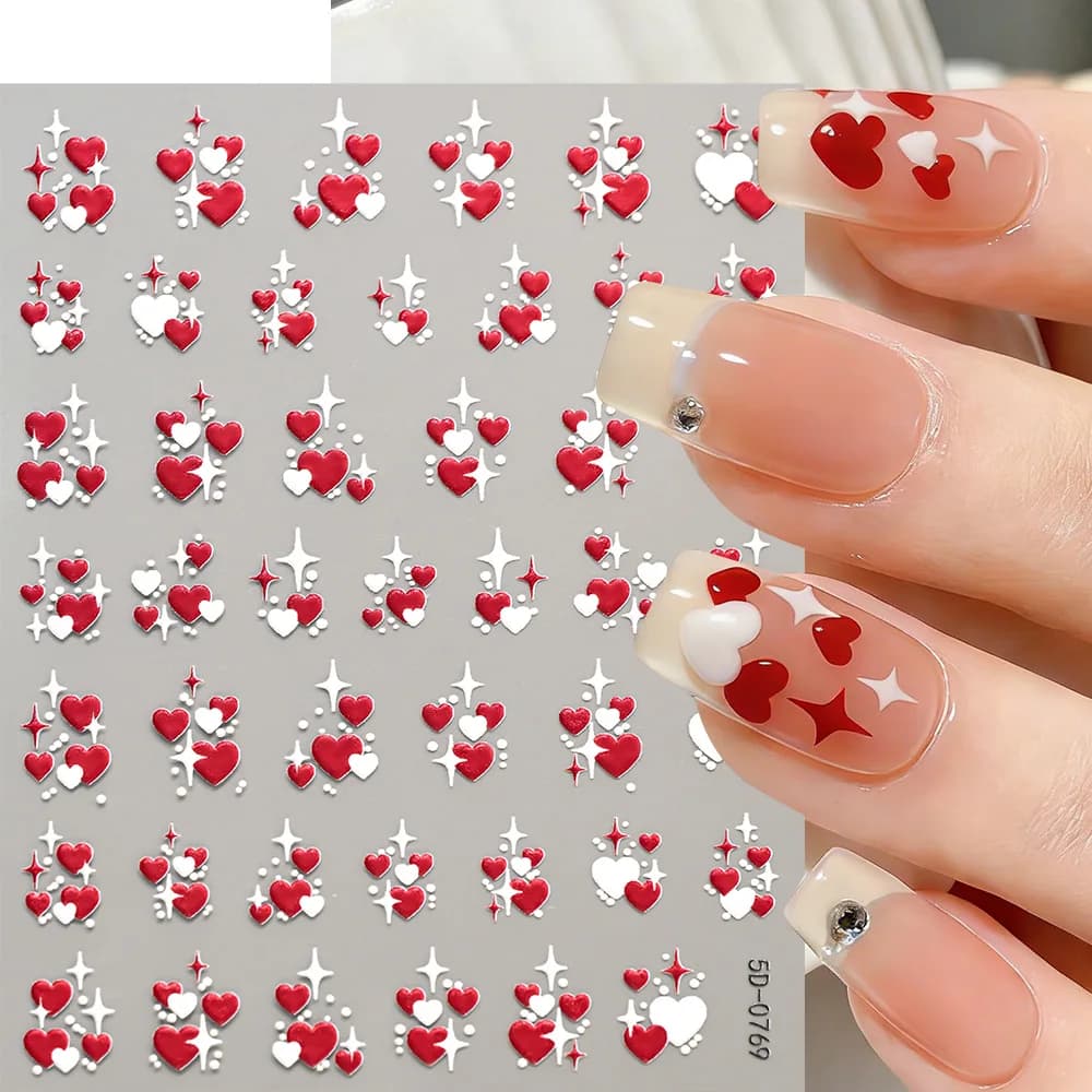 1/2 Pezzi Adesivi per Unghie 5D a Forma di Cuore Rosso e Bianco, Decorazioni Autoadesive a Forma di Stella e Cuore, Decorazioni Romantiche per Manicure di San Valentino