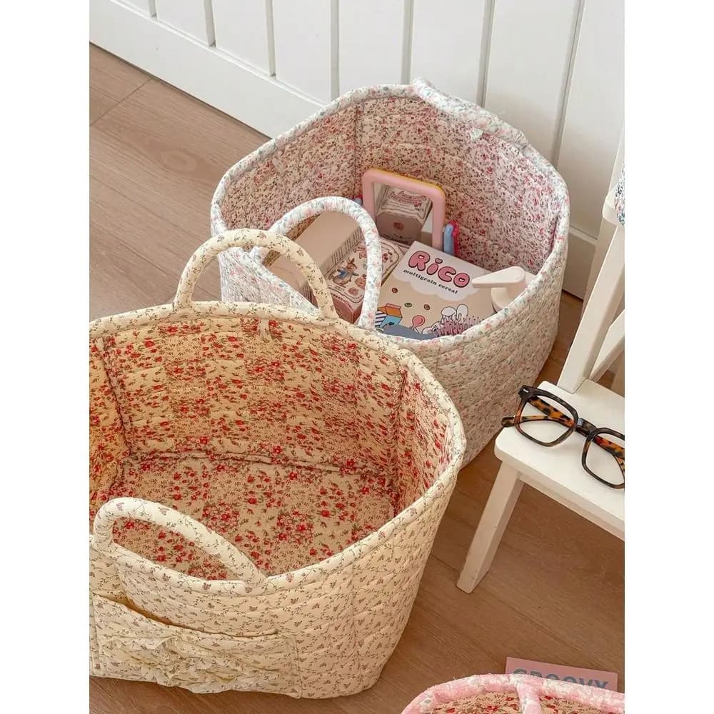 Ditsy Floral Print Quilted Storage Basket Laundry Basket Large Capacity Portable Storage Bag Fordable Snack Basket, Large Squar