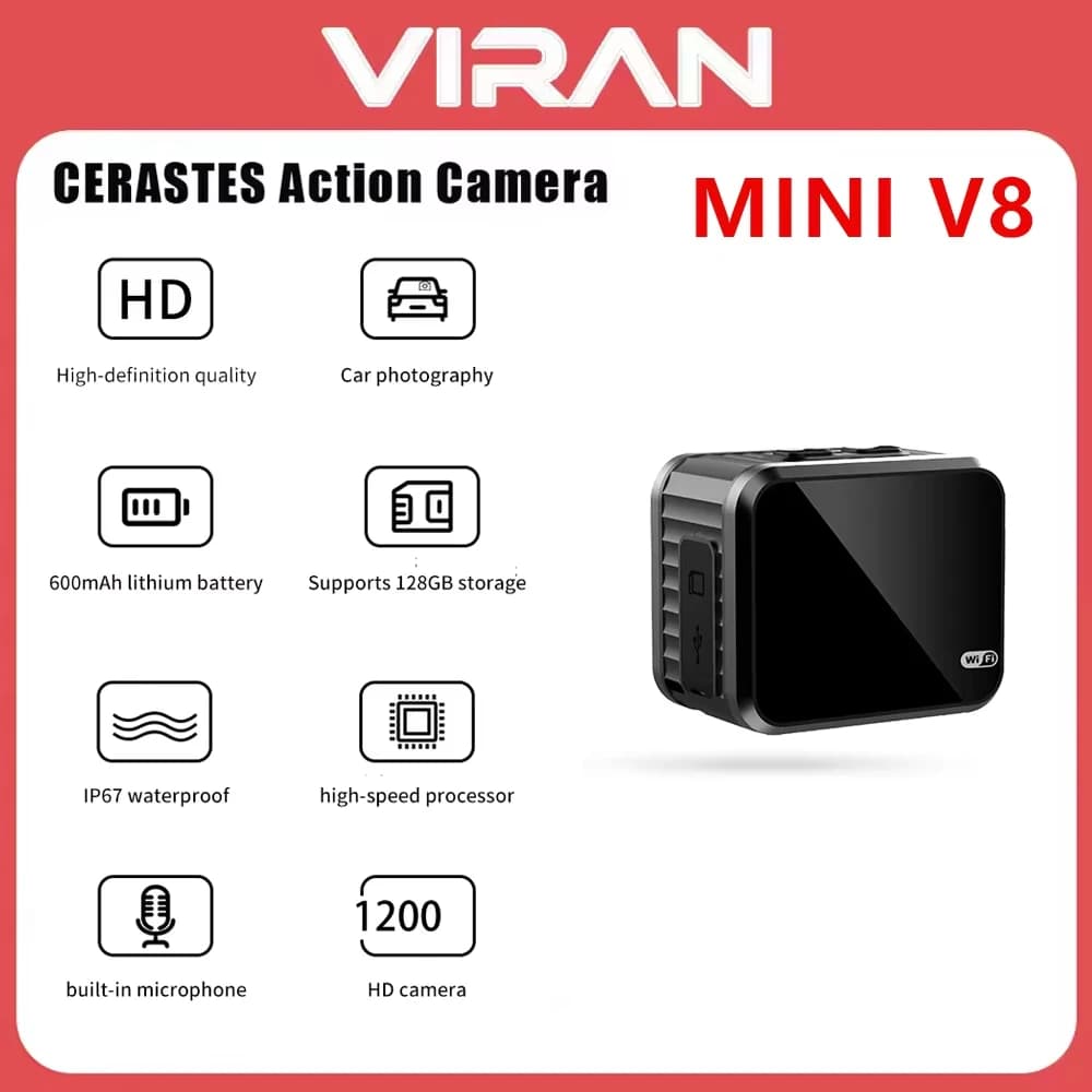 VIRAN MINI V8 Action Cam Ultra HD Bicycle Helmet Camera 145° Car Dash Cam Video Recorder Sports DV Helmet Outdoor Special Camera