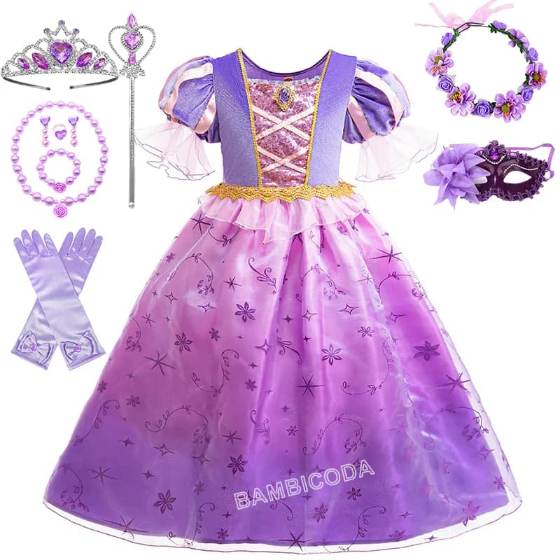 2025 Rapunzel Abito da principessa per ragazza Stampa Abiti in rete Abiti da ragazza di fiori Matrimoni Abiti da festa Abiti di carnevale
