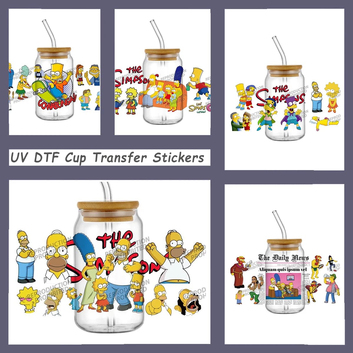 Adesivi UV DTF Classici dei Simpson per Lattine di Birra da 16oz, Decalcomanie Trasferibili per Tazze con Cartoni Animati Comici