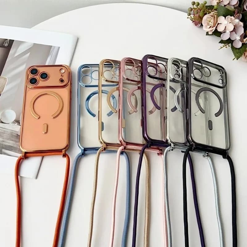 Luxury Necklace Cord Rope Lanyard Plating Magnetic Clear Phone Case For iPhone 18 17 16 14 13 15 Pro Max For Magsafe Cover
