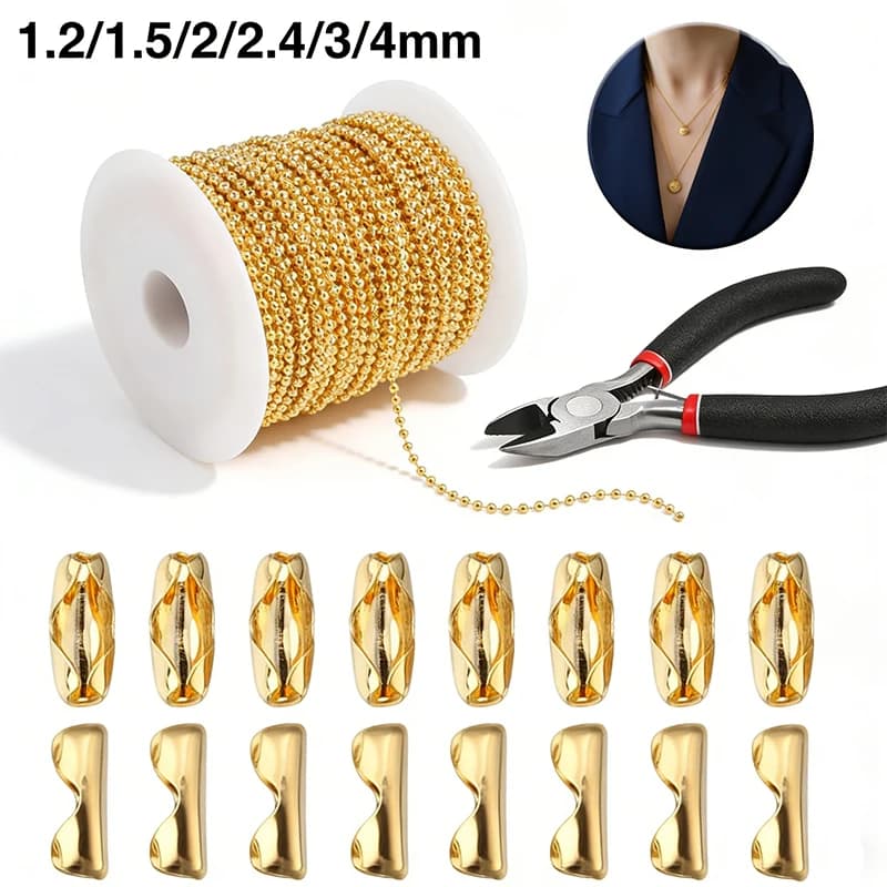 Catene da 5m per Creazione Gioielli Fai da Te, Accessori per Collane e Bracciali, Catena Dorata con Perline, 1.2mm/1.5mm/2mm/2.4mm/3mm/4mm