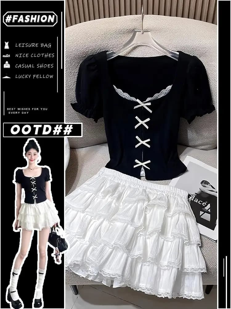 Ballet Style Lace Patchwork Slim Fit Short Sleeve Top Half Skirt Set Women Summer Knot Uniform Miu Series Girl Feeling