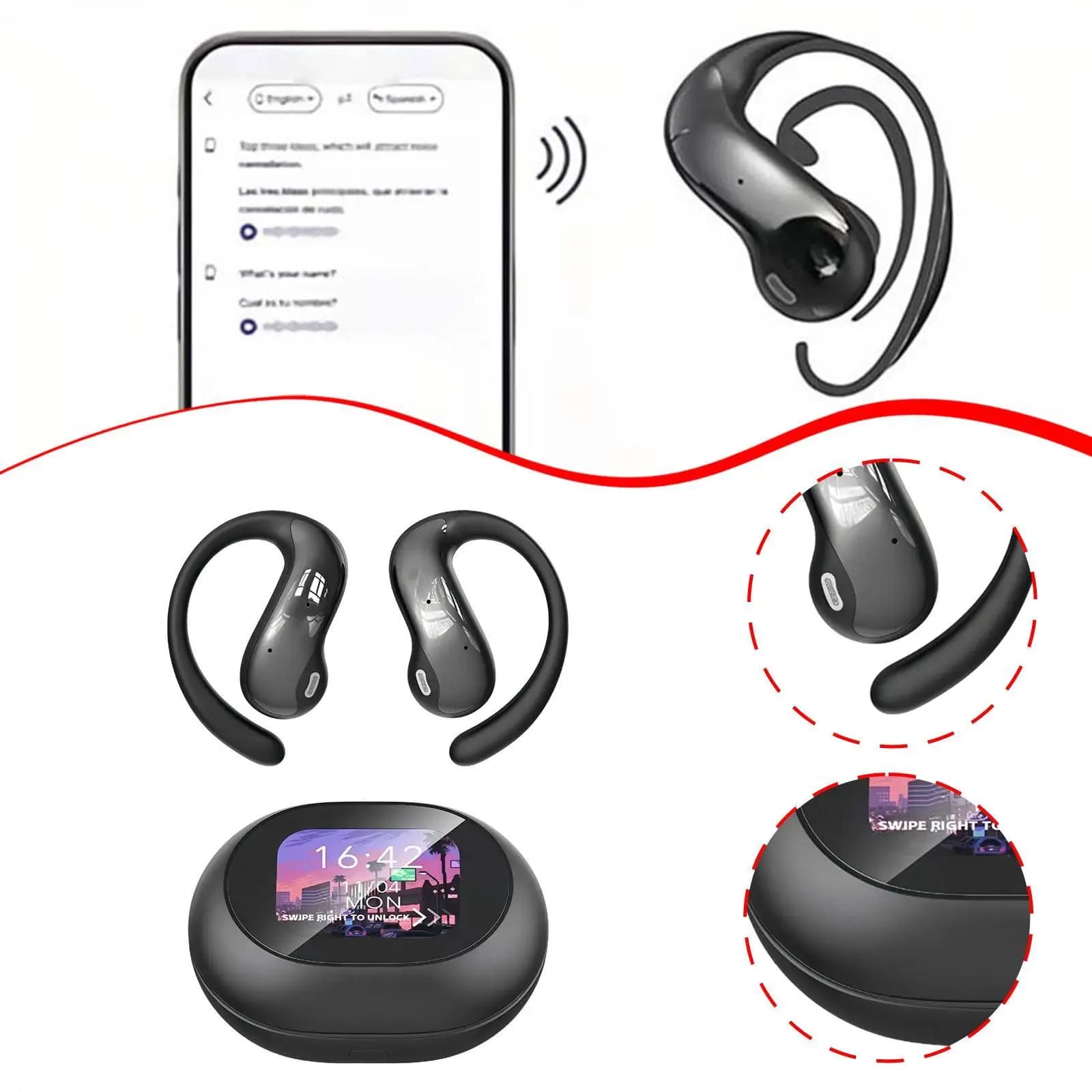Translation earphones, to listen to music, comfortable design with ear hook, elegant earphones with light, light sound, in real time, for work