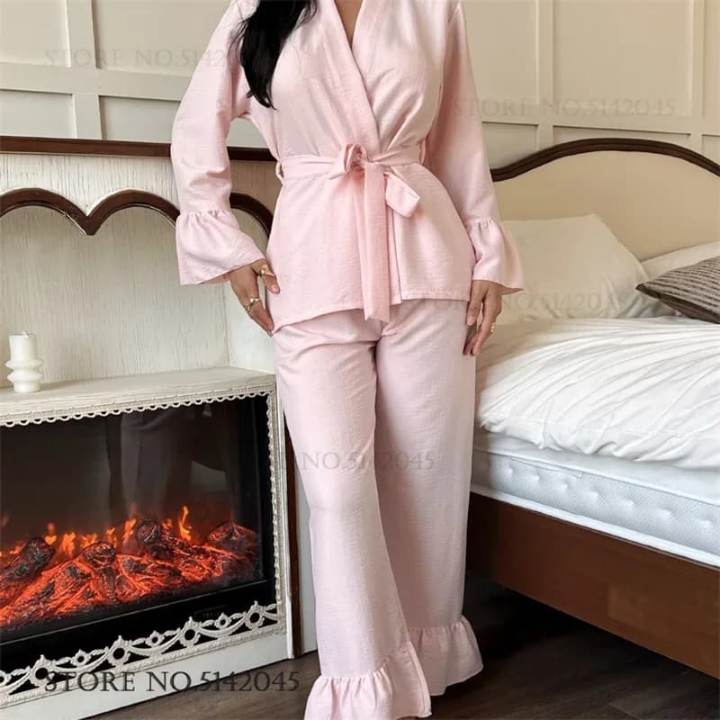 Spring New Female Pajamas Set Sweet Pink Ruffle Sleepwear Pijamas Suit Elegant Long Sleeve Cardigan Trouser Loose Homewear