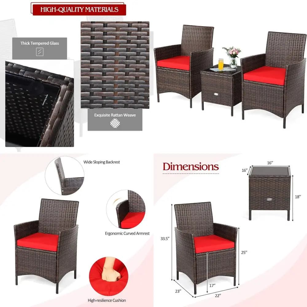 3-Piece Patio Contion Set, Wicker Chairs with Glass Top Square Coee Table & Cushions, All-Weather Outdoor Rattan urniture Set or