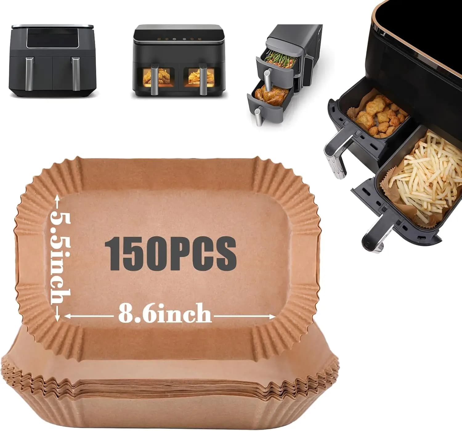 150 pieces of Rectangular Paper for Air Fryer, Disposable for Models with Double basket 8-10 Qt, 8,6x5.5 Inches