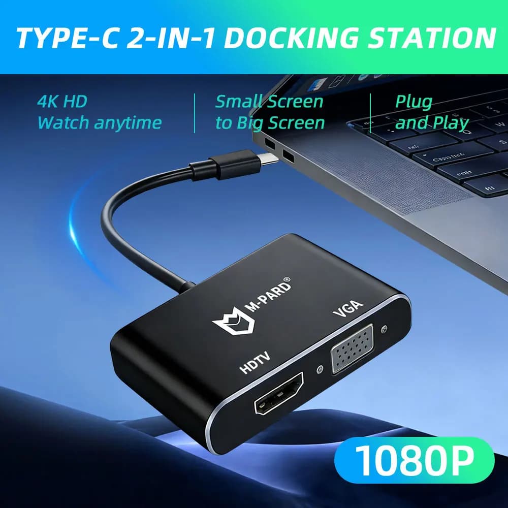 Docking Station 2-in-1 Type-C 4K HDTV 1080P VGA in Lega di Alluminio, Hub Compatibile Multi-Sistema Senza Driver