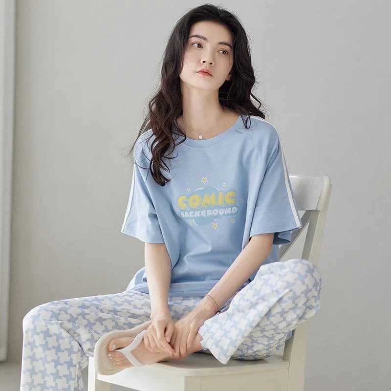 2025 Estate Manica corta Pantaloni lunghi 100% cotone Pigiama Set per le donne Coreano Carino Indumenti da notte Homewear Pijama Mujer Vestiti per la casa