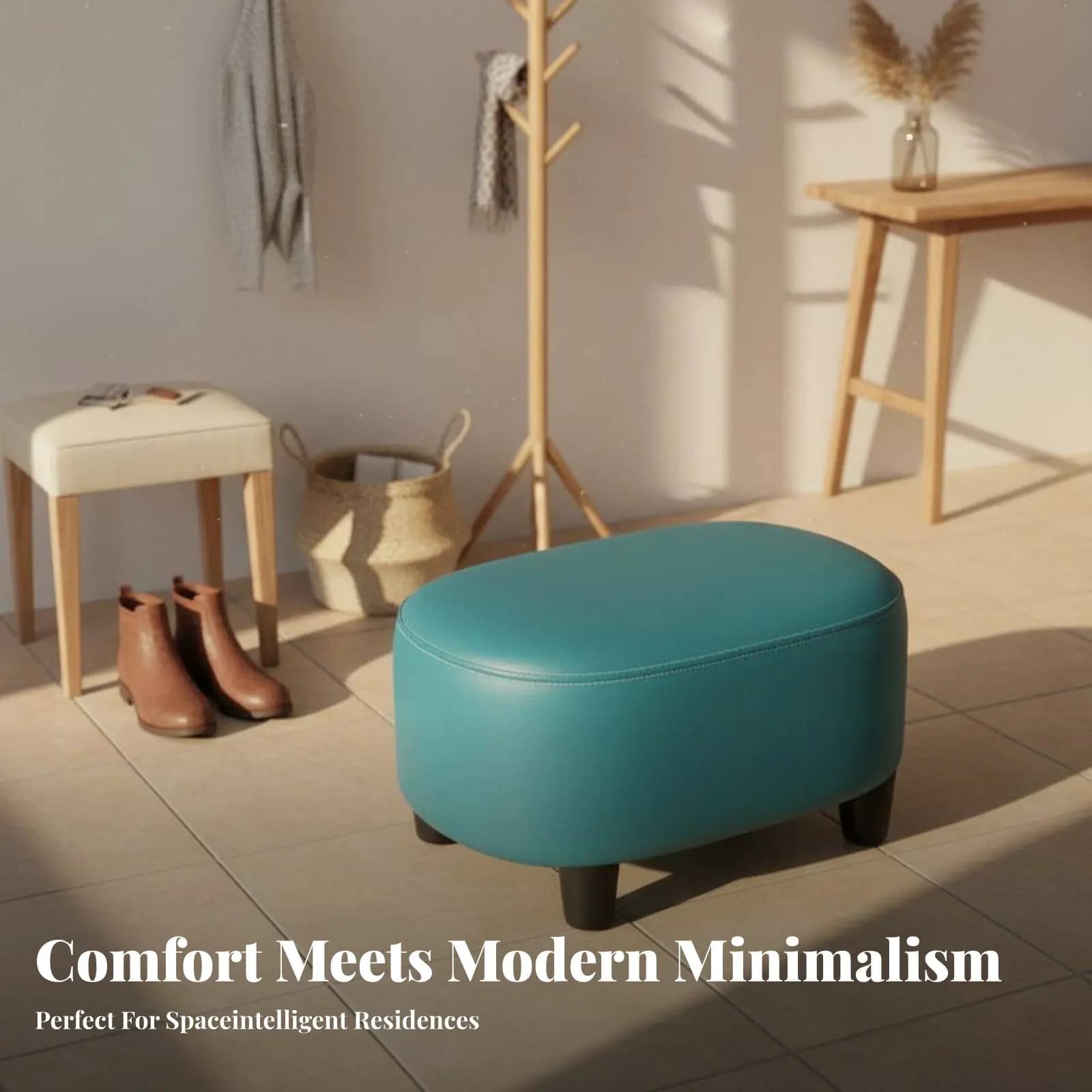 Sgabello Quadrato Imbottito con Gambe in Legno Robuste, Poggiapiedi Imbottito, Design Cremoso ed Estetico Salvaspazio per Famiglie, Ingresso