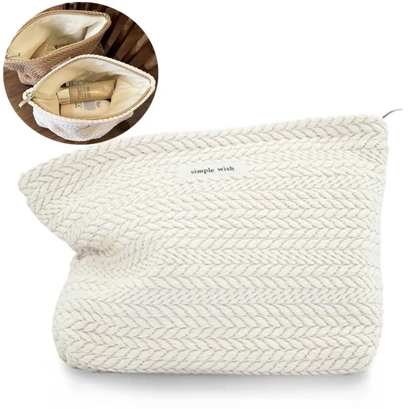 Borsa da trucco in tela bianca lavorata a maglia da donna, graziosa pochette con cerniera stile college, portaoggetti da viaggio per cosmetici e cancelleria