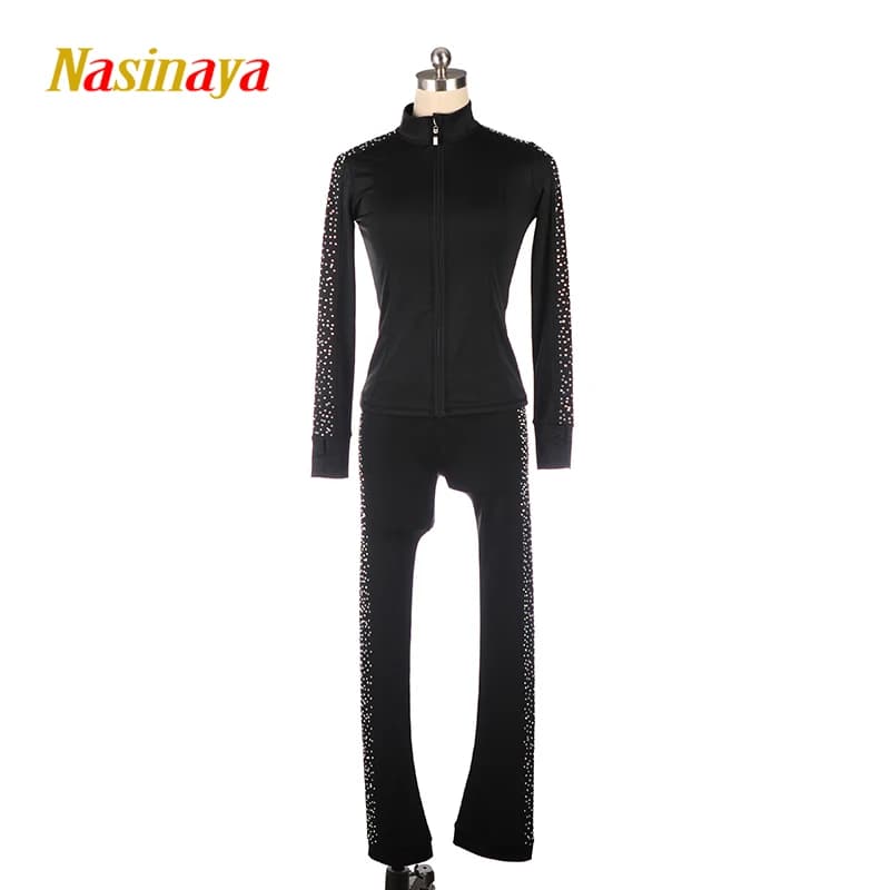 Giacche e pantaloni per pattinaggio su ghiaccio di figura Abiti neri professionali Strass Camicie da donna per ragazza Tute da allenamento per pattinaggio su ghiaccio Big Stone