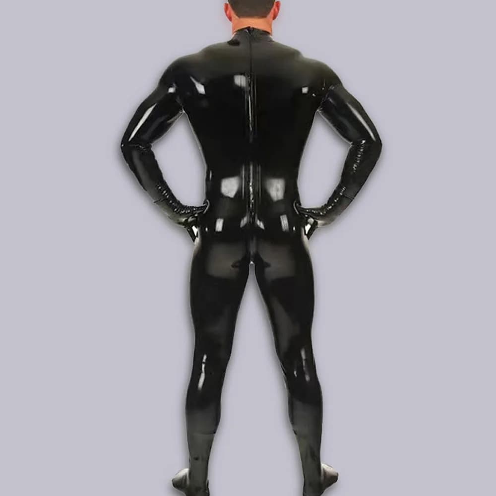 Body intero lucido effetto olio da uomo in PU e lattice, con tasca a U convessa, effetto bagnato, collant sexy da cameriera, abbigliamento gay, taglie forti, con guanti