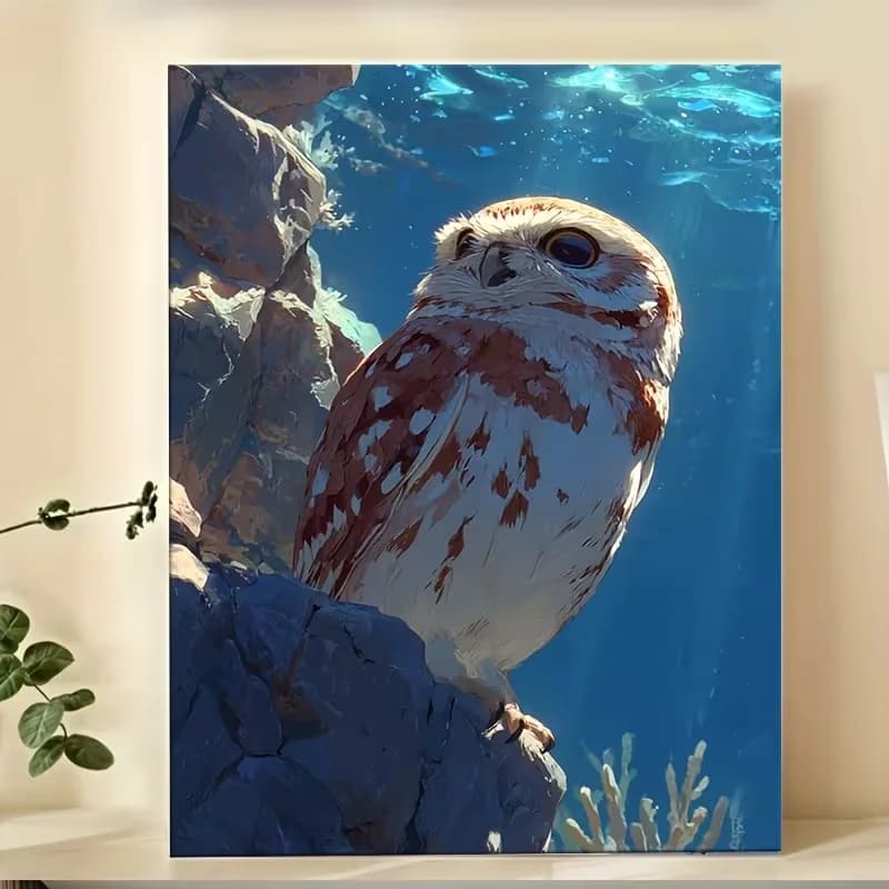 2D Flat, 1pc Modern Abstract Brown & White Owl Frameless Diamond Painting - Waterproof Christmas Wall Art Suitable for Ind