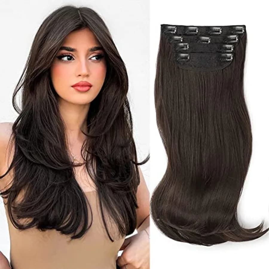 FREEMEIGE Dark Brown Hair Extensions Long Layered Clip in Hair Extensions 20 Inch Hair Extension for Women Daily Use