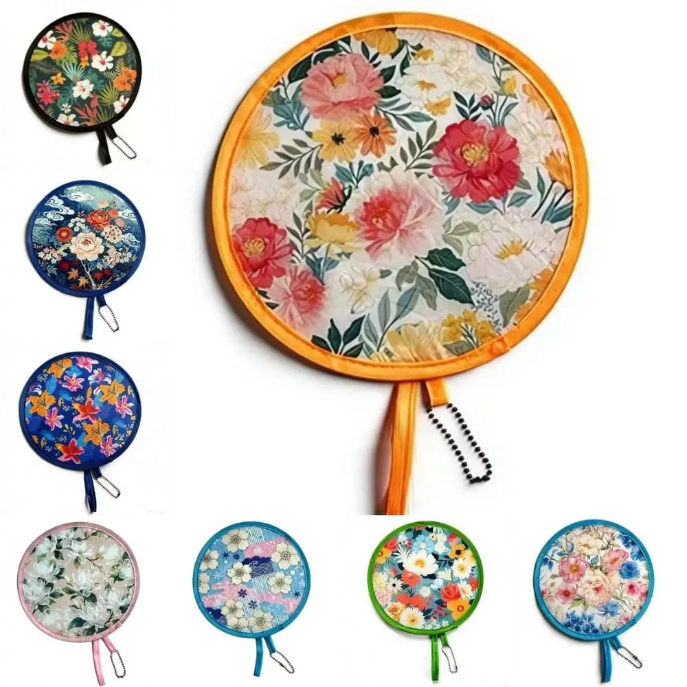 Portable Summer Handheld Folding Fan Japanese Oil Painting Polyester Round Foldable Fan Travel Mini Folding Fan Men Women