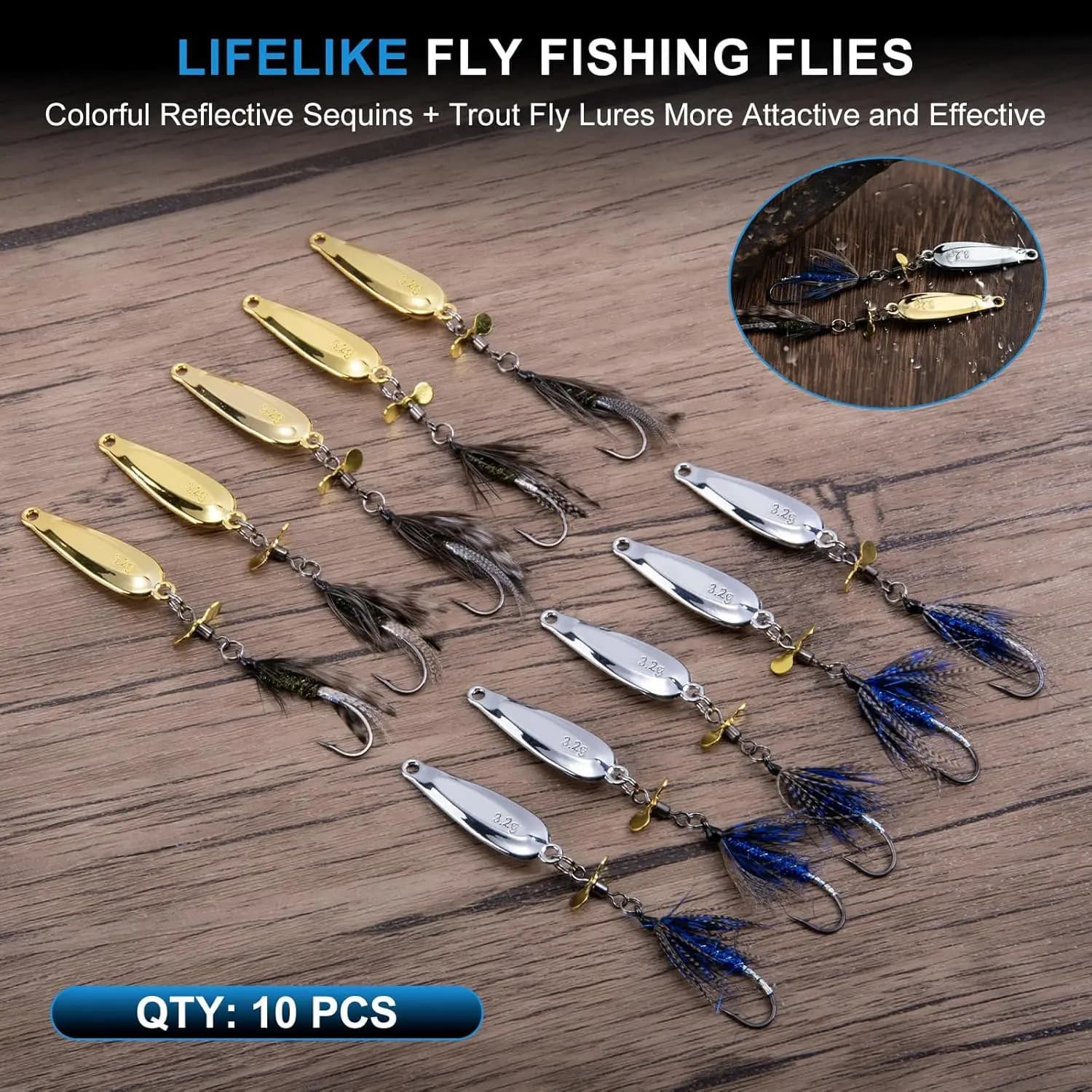 Goture Set of Fishing spoons 10 pieces Spinner blades Hooks to tie flies Rotating flash baits for trout/health/luck with equipment box