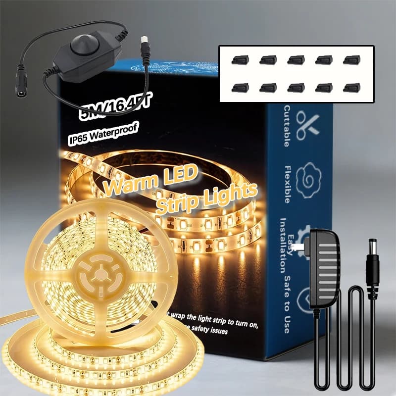 12V Warm Color LED Strip Lights 16.4ft (5M) 3000K IP65 Waterproof Flexible Cuttable Dimmable LED Tape Light for Bedroom Kitchen Under Cabinet Living Room Indoor Lighting
