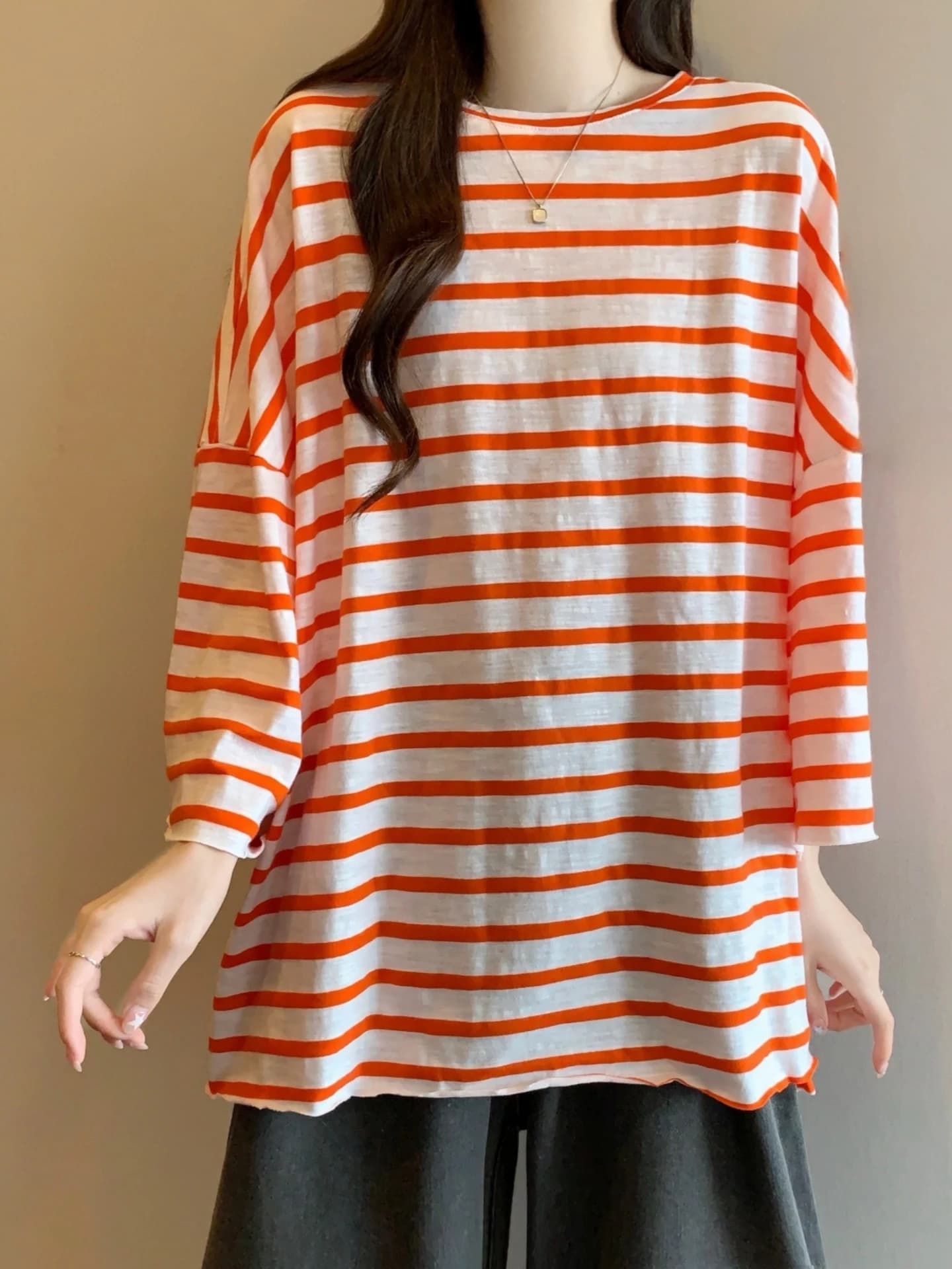 Sun Protection Striped Loose Fit Long Sleeve Women's T-Shirt Thin Summer plus Size Conceals Belly Casual Commute Style