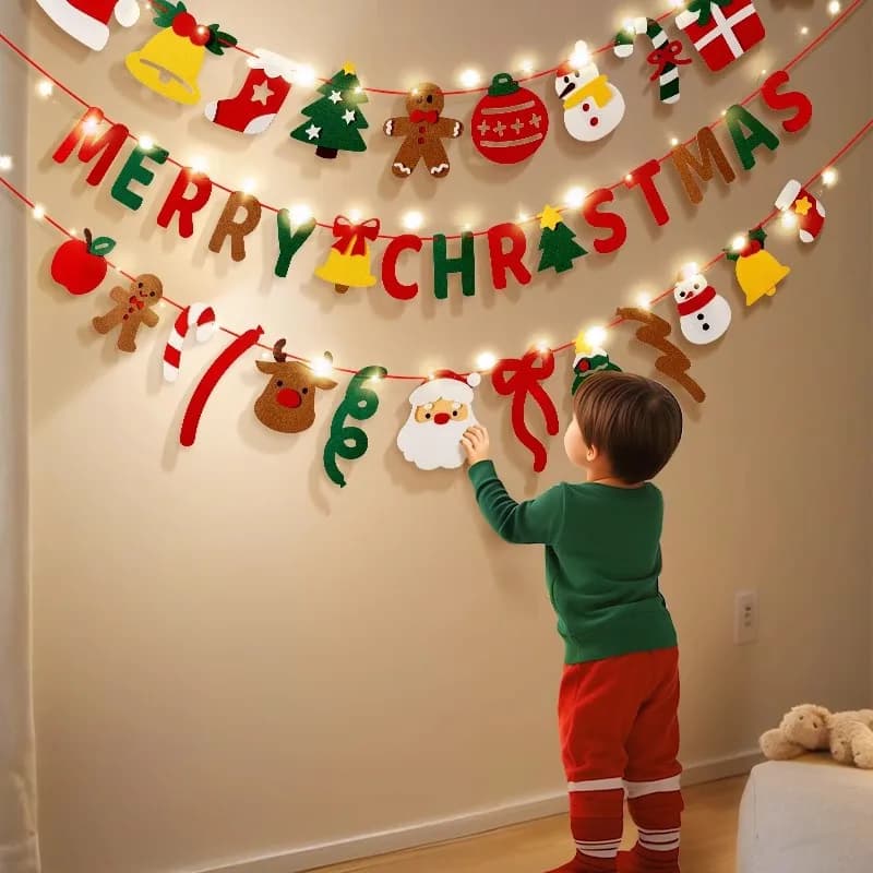 Bandiera di sfondo da appendere di buon Natale con luce a stringa a LED Simpatico ciondolo con banner natalizio con decorazione in feltro tridimensionale