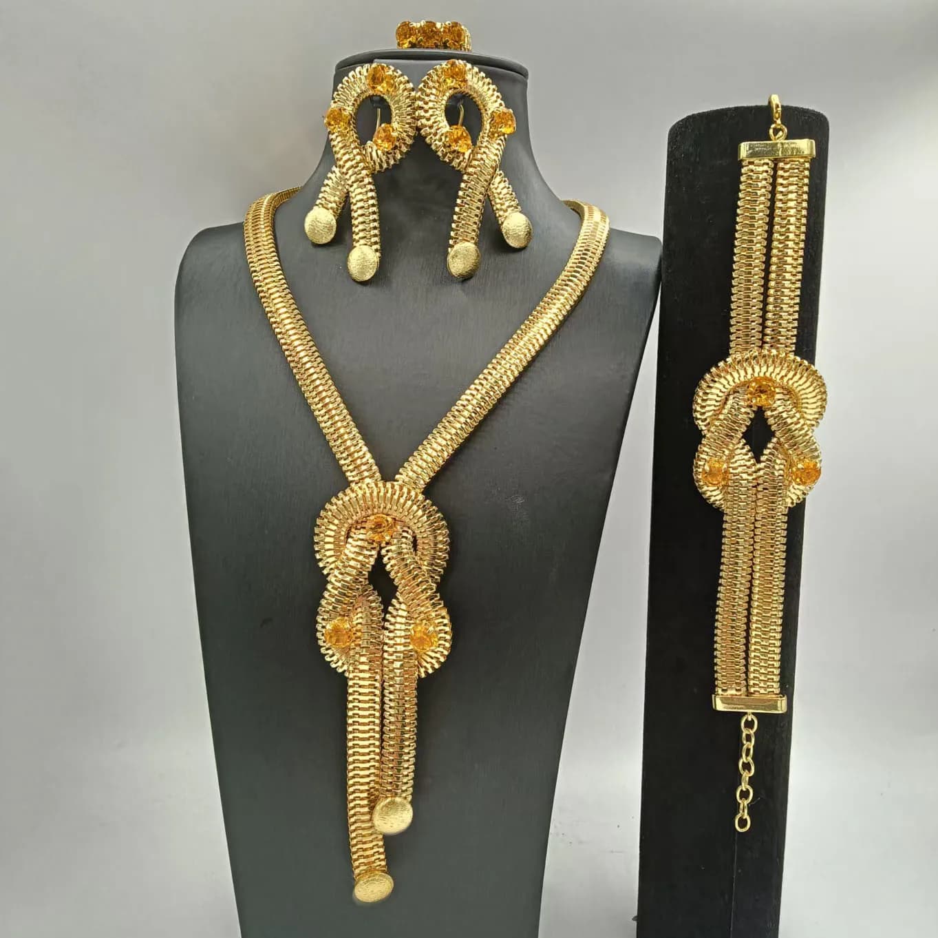 African 18K Gold Plated 4Pcs Jewelry Set Snake Chain Knot Crystal Necklace Earrings Bracelet Ring Women Wedding Party Statement