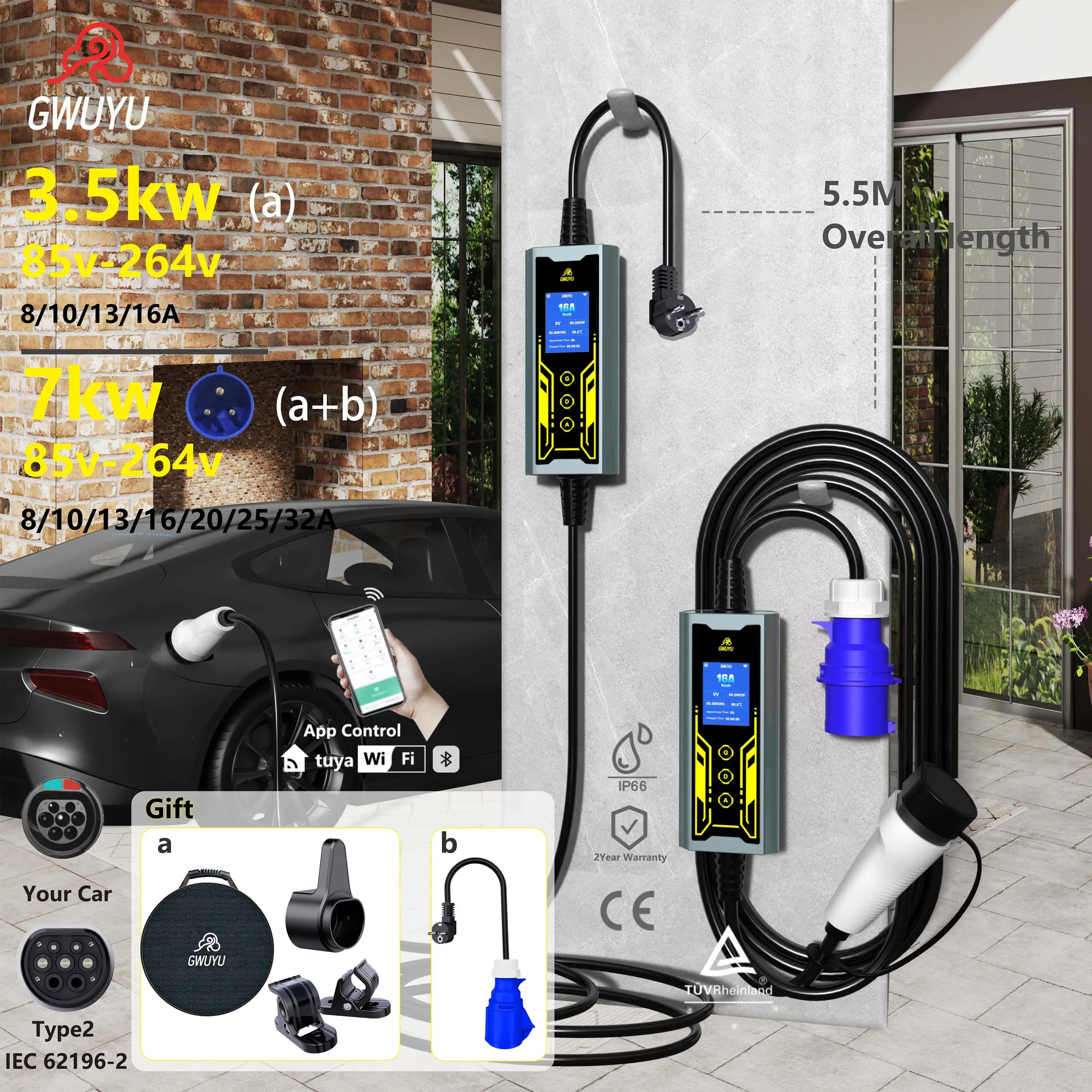 GWUYU 3.5KW 16A Caricatore portatile EV Wallbox 7KW 32A 1 livello di fase 2 con cavo da 5,5 m Corrente regolabile con APP Contral
